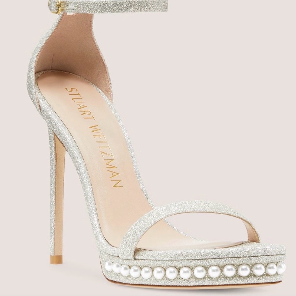 Stuart Weitzman Glittering Silver Heels with Pearls